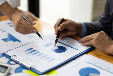 Employees analyzing data on papers